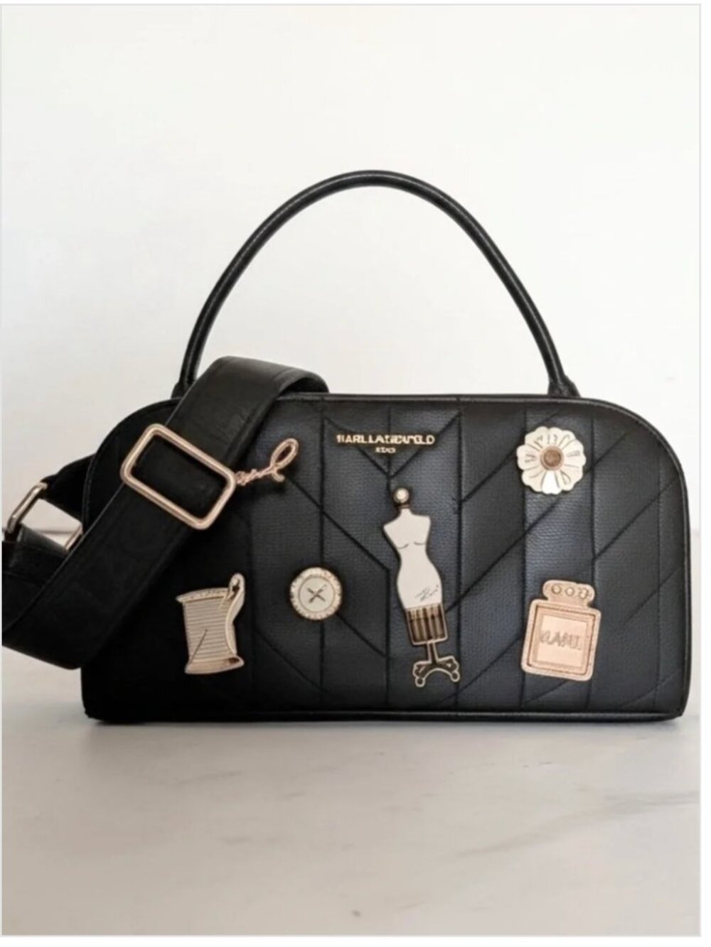NWT KARL LAGERFELD BLACK SATCHEL CROSSBODY BAG W PIN CHARMS $248